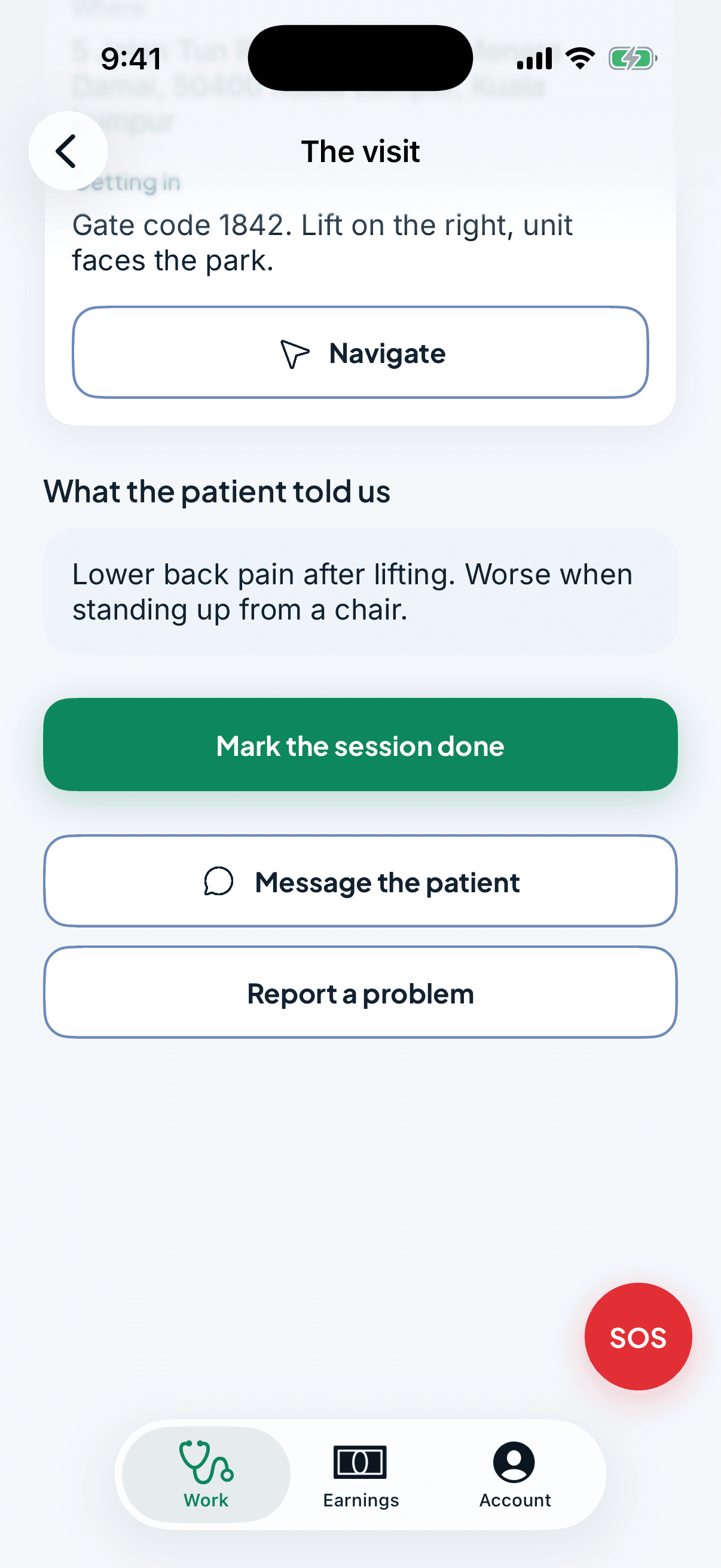 The RecoveryGo physiotherapist app during a visit, with the patient's note and a button to mark the session done