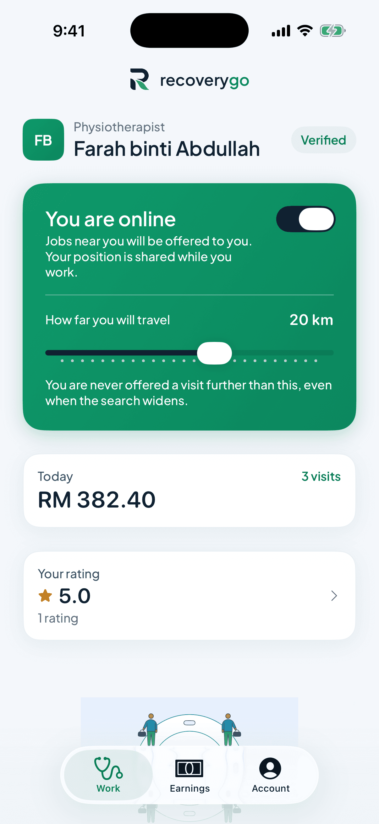 The physiotherapist app online, with the travel distance set to 20 km