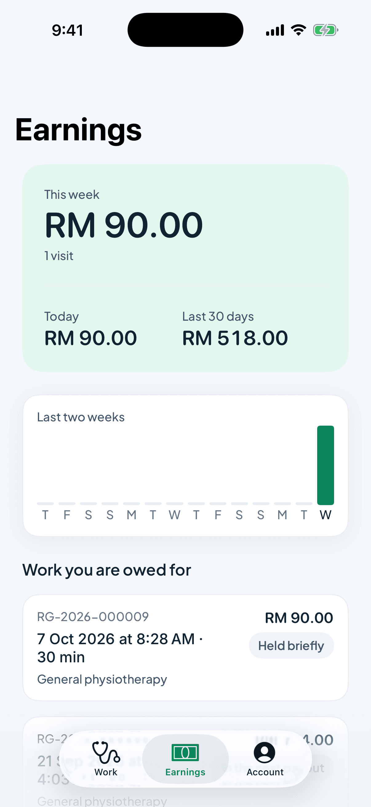 The earnings screen with this week's total and the visits waiting to be paid