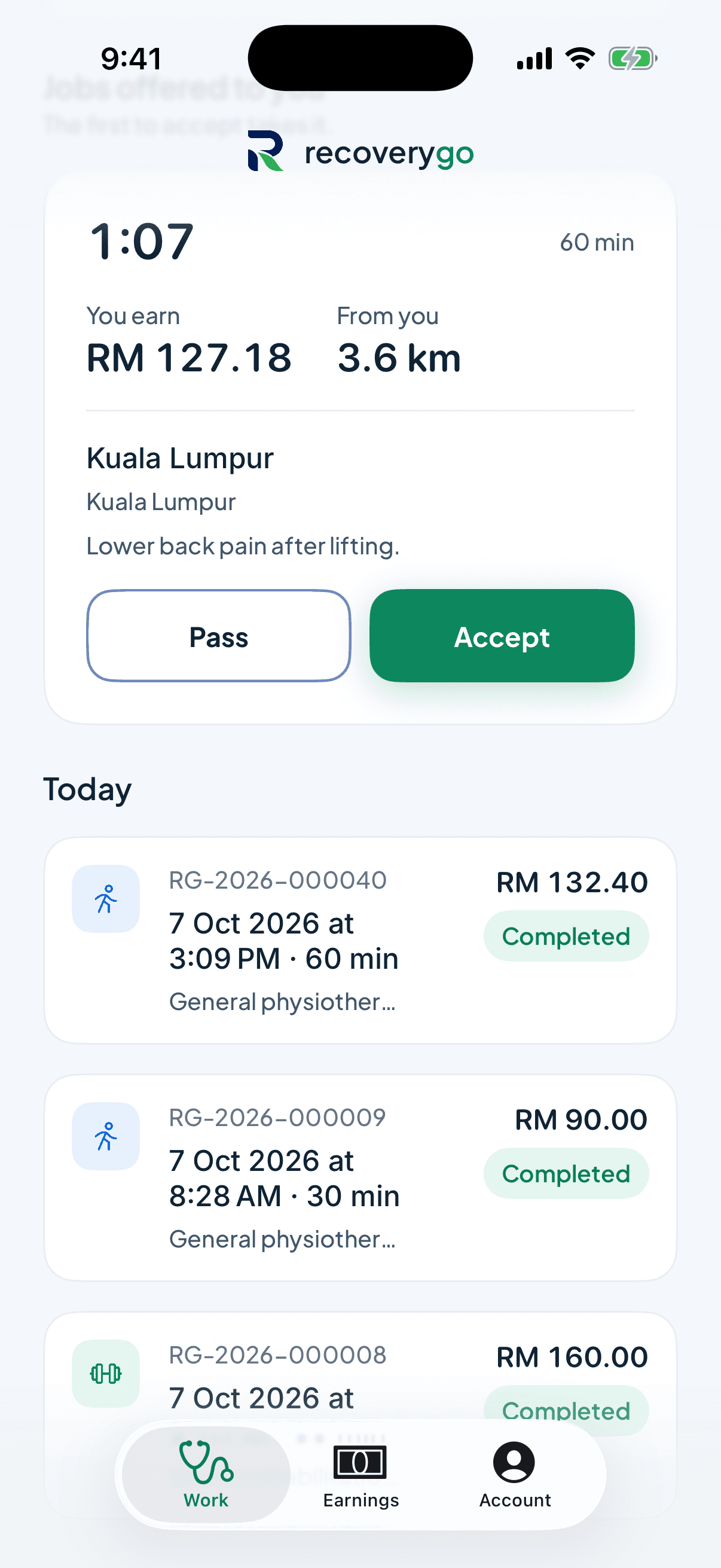 A job offer showing what the physiotherapist earns, the distance and the patient's concern